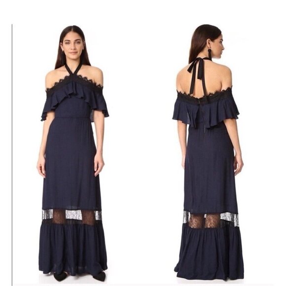Alice + Olivia Navy Mitsy Lace Trim Maxi Dress Women’s 4 READ - Picture 1 of 12